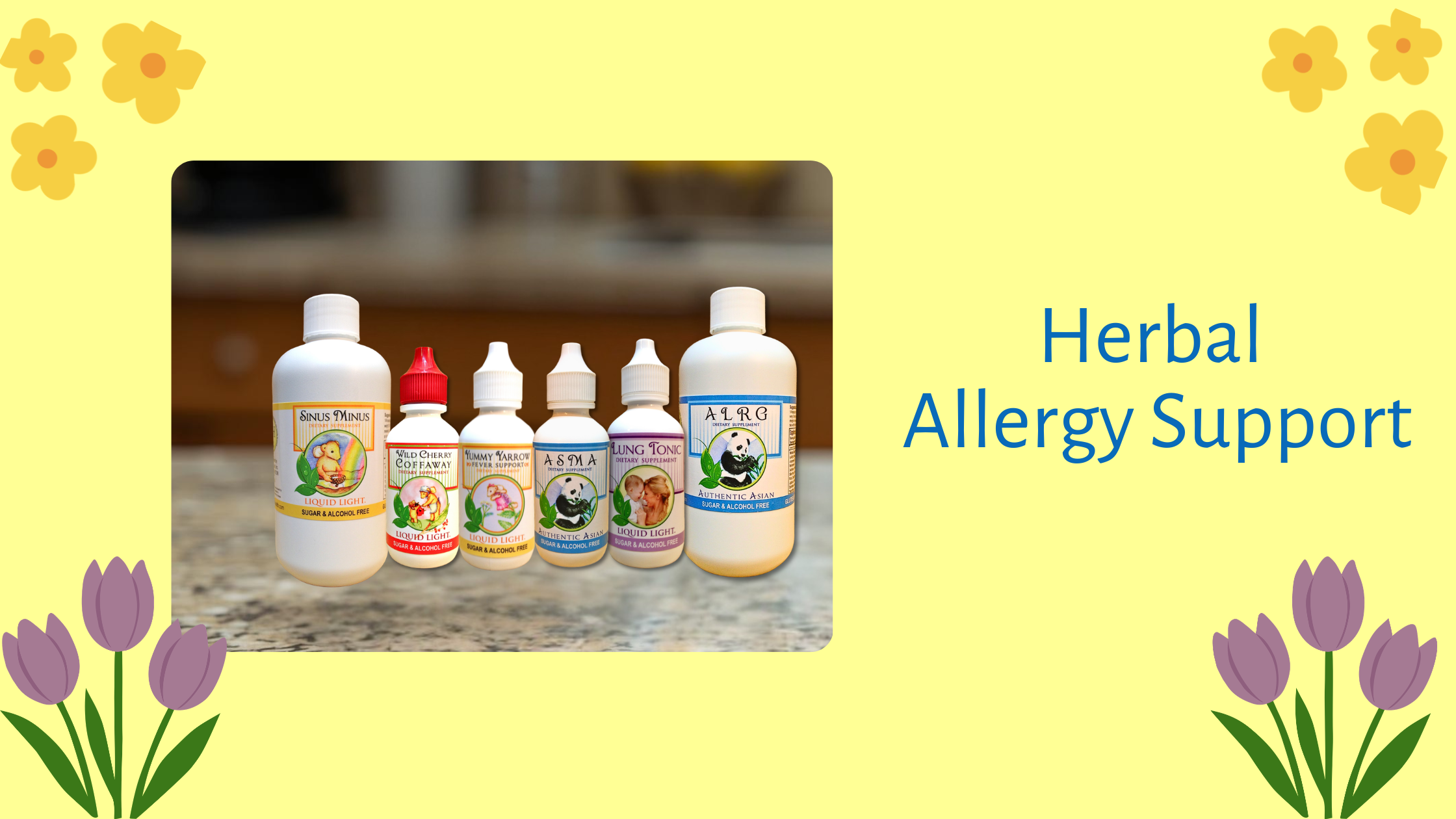 TriLight Herbal Allergy Category products on counter with a yellow background and yellow and purple clip art flowers.