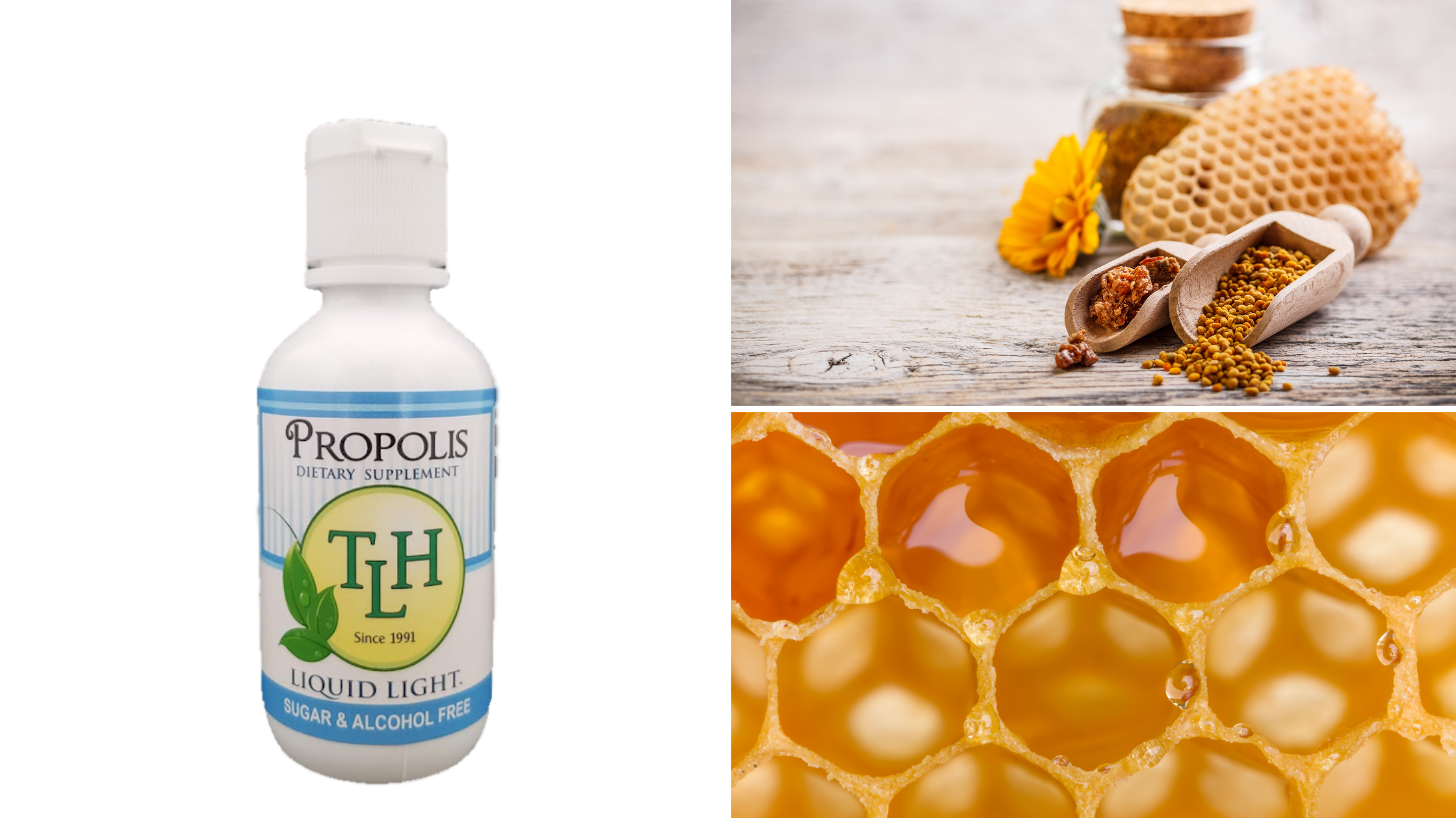 Propolis bottle with a picture of a honeycomb and honey products